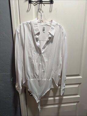 SPANX White Long-Sleeve Button-Front Bodysuit Shirt
